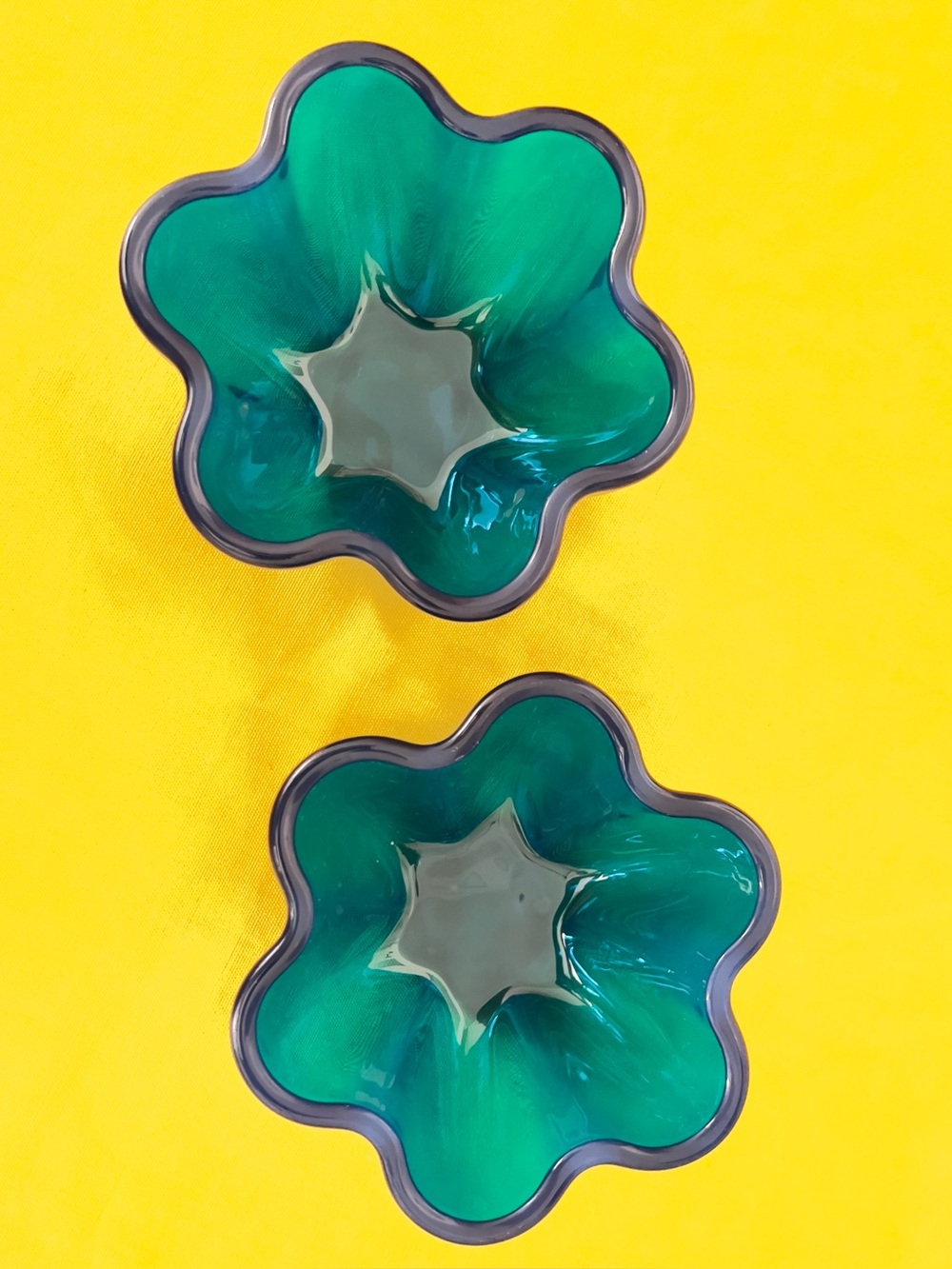 Vintage Peacock Blue Art Glass Lotus Bowls Pair - MCM Murano Style